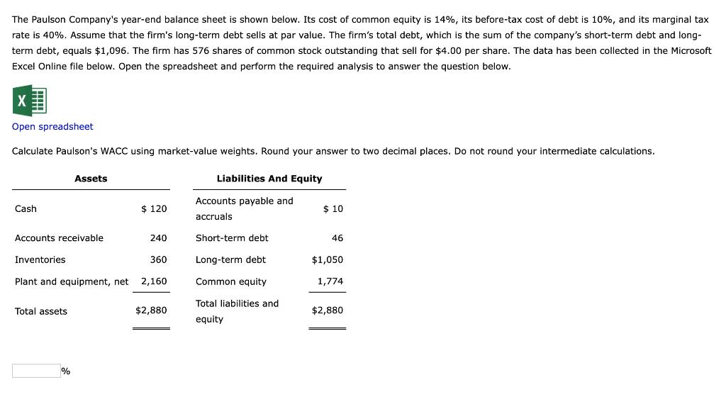 The Paulson Company S Year End Balance Sheet Is Shown Below Its Cost Of Common Equity Is 14 Its Before Tax Cost Of De 1