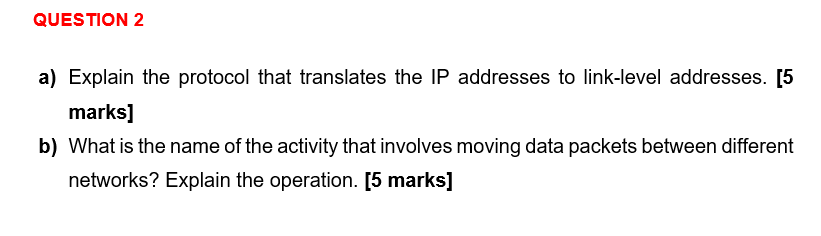 Question 2 A Explain The Protocol That Translates The Ip Addresses To Link Level Addresses 5 Marks B What Is The Na 1