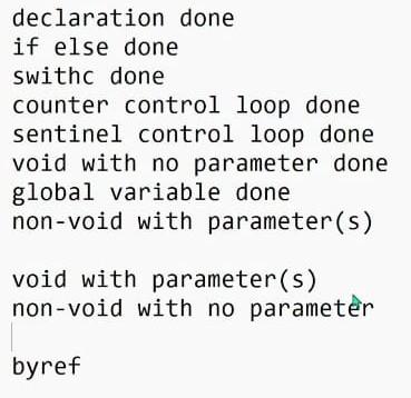 Declaration Done If Else Done Swithc Done Counter Control Loop Done Sentinel Control Loop Done Void With No Parameter Do 1