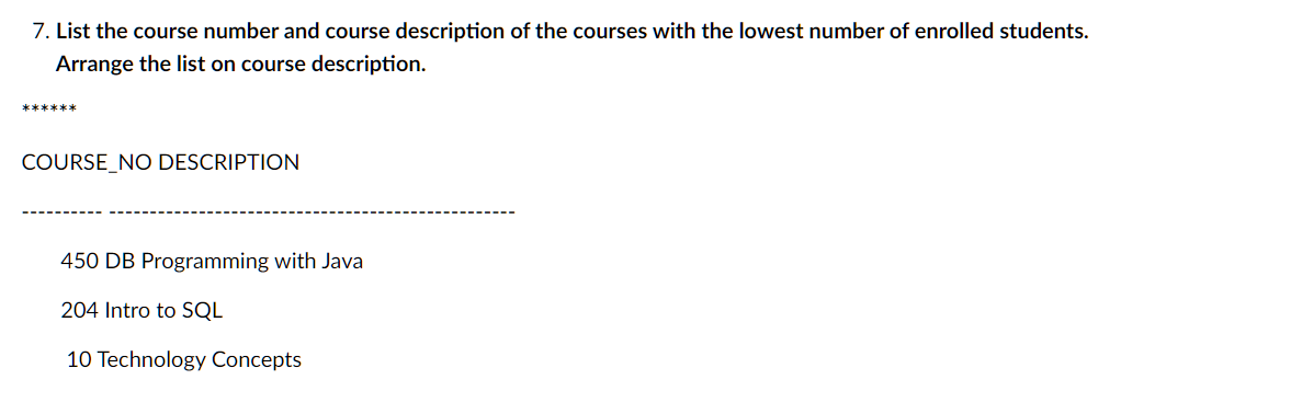7 List The Course Number And Course Description Of The Courses With The Lowest Number Of Enrolled Students Arrange The 1