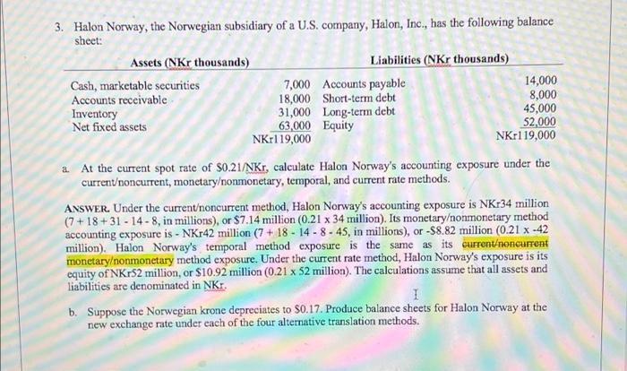 3 Halon Norway The Norwegian Subsidiary Of A U S Company Halon Inc Has The Following Balance Sheet Assets Nkr T 1