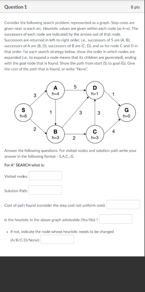 Question 1 Consider The Following Search Problem Represented As A Graph Step Costs Are Given Next To Each Arc Heurist 1