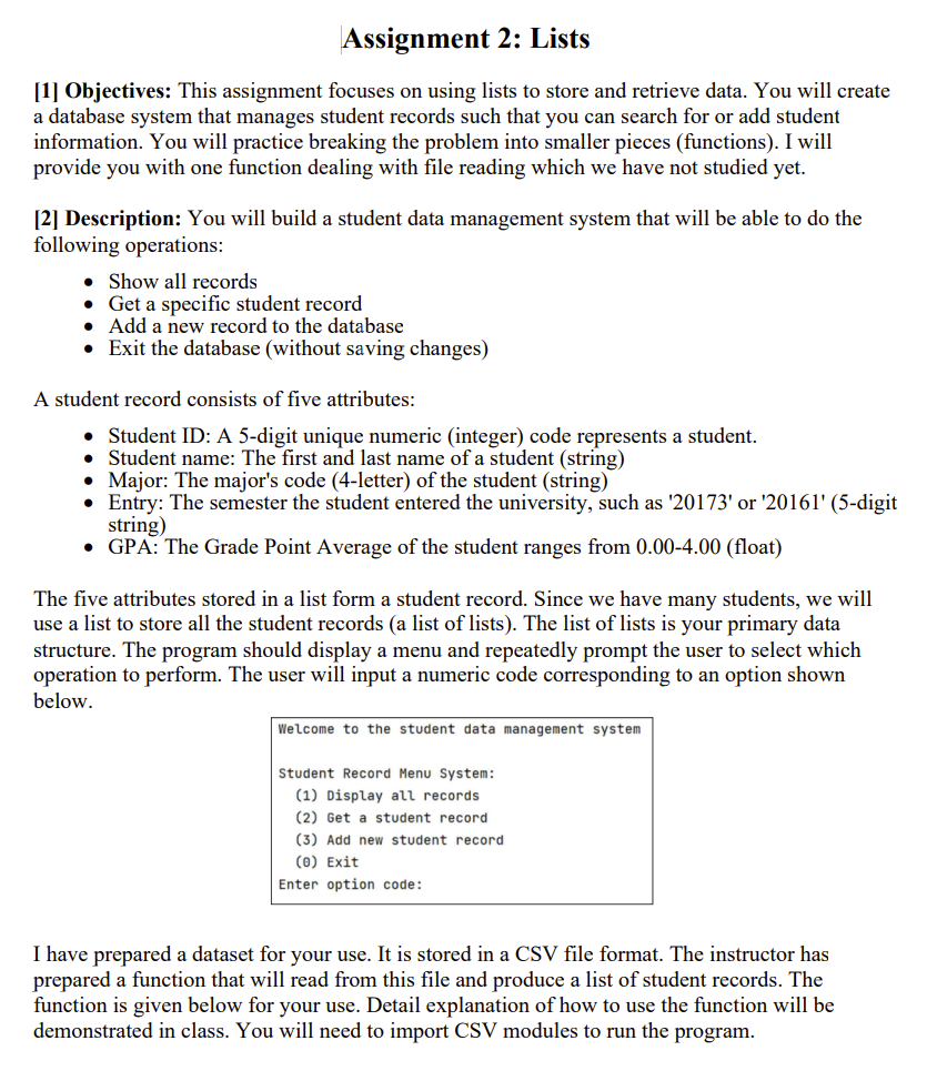 I Can T Seem To Get My Python Code Working For The 1 Get Student Record And 2 Add New Student Record What Am I Doing 1