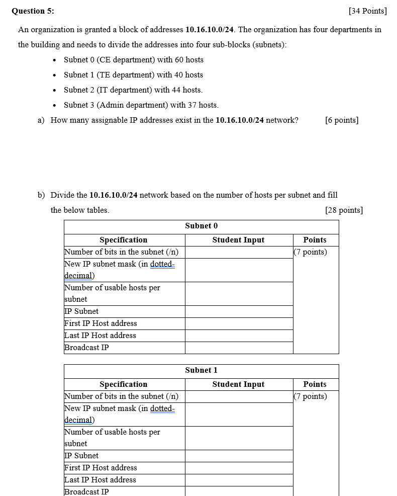 Question 5 34 Points An Organization Is Granted A Block Of Addresses 10 16 10 0 24 The Organization Has Four Departm 1
