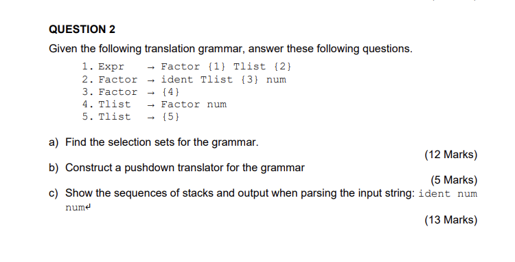 Question 2 Given The Following Translation Grammar Answer These Following Questions 1 Expr Factor 1 Tlist 2 Ident 1