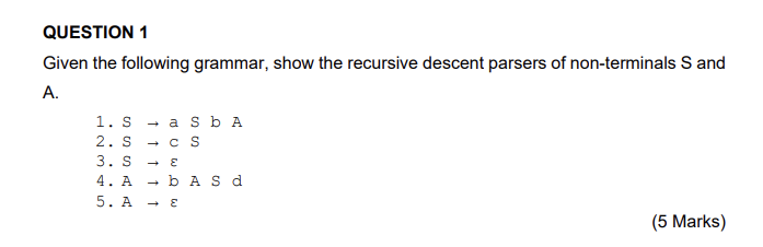 Question 1 Given The Following Grammar Show The Recursive Descent Parsers Of Non Terminals S And A 1 Sa Sb A 2 Sc S 1