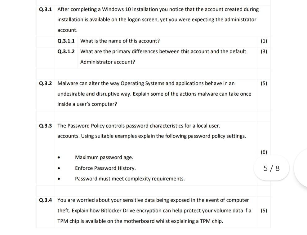 Q 3 1 After Completing A Windows 10 Installation You Notice That The Account Created During Installation Is Available On 1