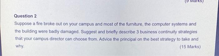 9 Marks Question 2 Suppose A Fire Broke Out On Your Campus And Most Of The Furniture The Computer Systems And The Bui 2