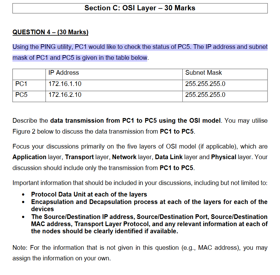 Question 4 30 Marks Using The Ping Utility Pc1 Would Like To Check The Status Of Pc5 The Ip Address And Subnet Mas 1