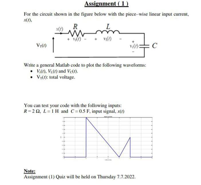 Assignment 1 For The Circuit Shown In The Figure Below With The Piece Wise Linear Input Current X 1 R L 14 1 Vt 1