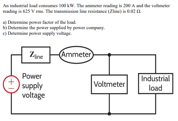 An Industrial Load Consumes 100 Kw The Ammeter Reading Is 200 A And The Voltmeter Reading Is 625 V Rms The Transmissio 1