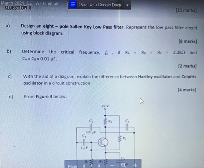 March 2021 Set A Final Pdf Question 4 A B C D Open With Google Docs Design An Eight Pole Sallen Key Low Pass Filter 1