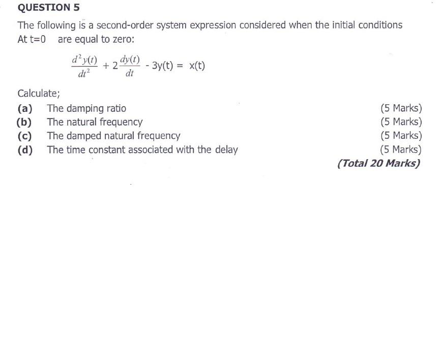 Question 5 The Following Is A Second Order System Expression Considered When The Initial Conditions At T 0 Are Equal To 1