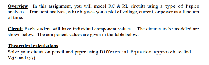 Overview In This Assignment You Will Model Rc Rl Circuits Using A Type Of Pspice Analysis Transient Analysis Which 1