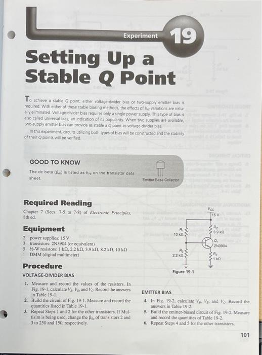 Experiment 19 Setting Up A Stable Q Point To Achieve A Stable Q Point Either Voltage Divider Bias Or Two Supply Emitter 1