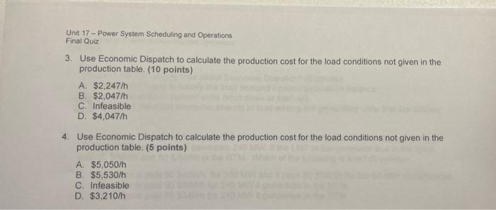 For Questions 1 And 2 Assume The Characteristics Of Units 1 And 2 Which Are Both On Line Given In Table 1 Table 1 In 2