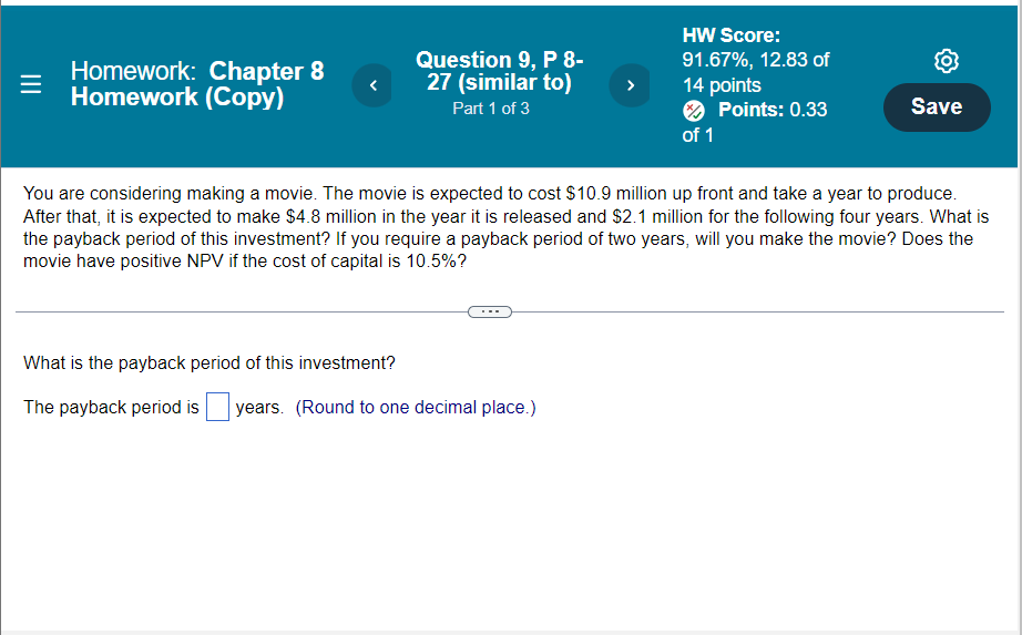 Homework Chapter 8 Homework Copy Question 9 P 8 27 Similar To Part 1 Of 3 Hw Score 91 67 12 83 Of 14 Points Po 1