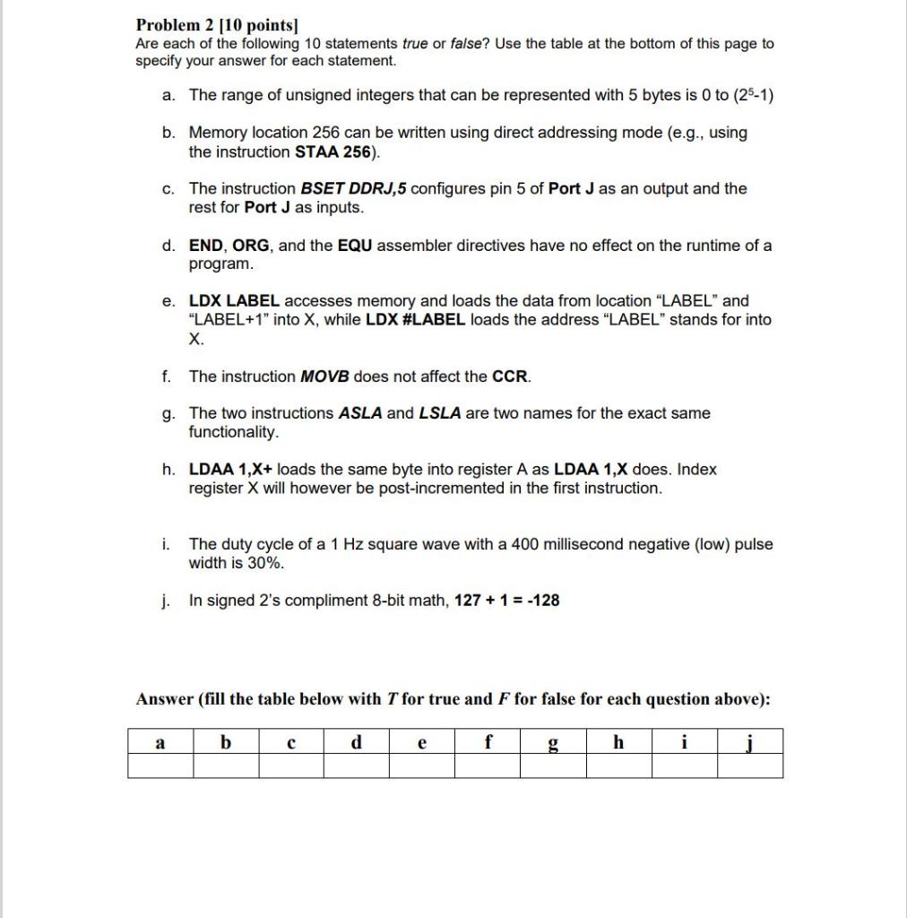 Problem 2 10 Points Are Each Of The Following 10 Statements True Or False Use The Table At The Bottom Of This Page To 1