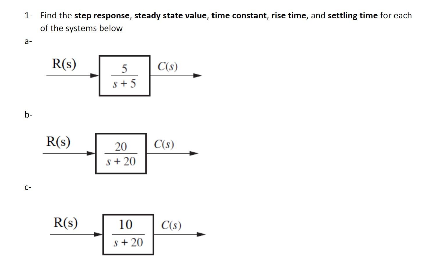 1 Find The Step Response Steady State Value Time Constant Rise Time And Settling Time For Each Of The Systems Below 1