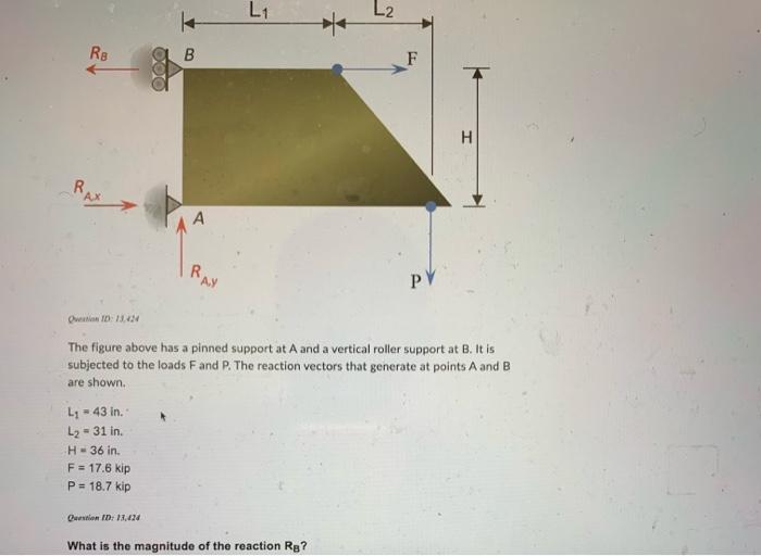Ra Rax Question Id 13 424 L 43 In L 31 In H 36 In F 17 6 Kip P 18 7 Kip B Question Id 13 424 A Ray L L2 T 1