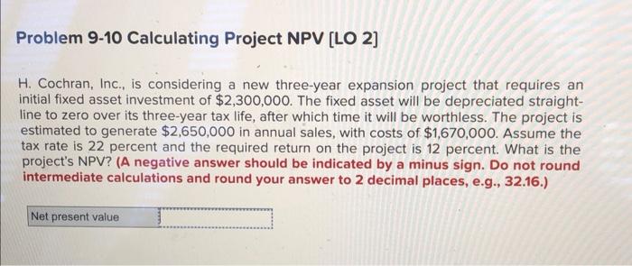 Problem 9 10 Calculating Project Npv Lo 2 H Cochran Inc Is Considering A New Three Year Expansion Project That Req 1