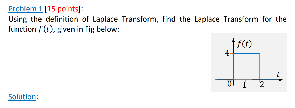Problem 1 15 Points Using The Definition Of Laplace Transform Find The Laplace Transform For The Function F T Give 1