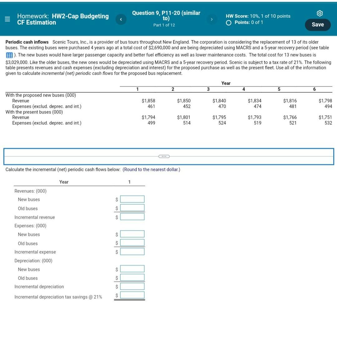 E Homework Hw2 Cap Budgeting Cf Estimation Question 9 P11 20 Similar To Part 1 Of 12 Hw Score 10 1 Of 10 Points O 1