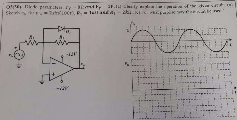 Q3 30 Diode Parameters R On And Vy 1v A Clearly Explain The Operation Of The Given Circuit B Sketch Vo For 1