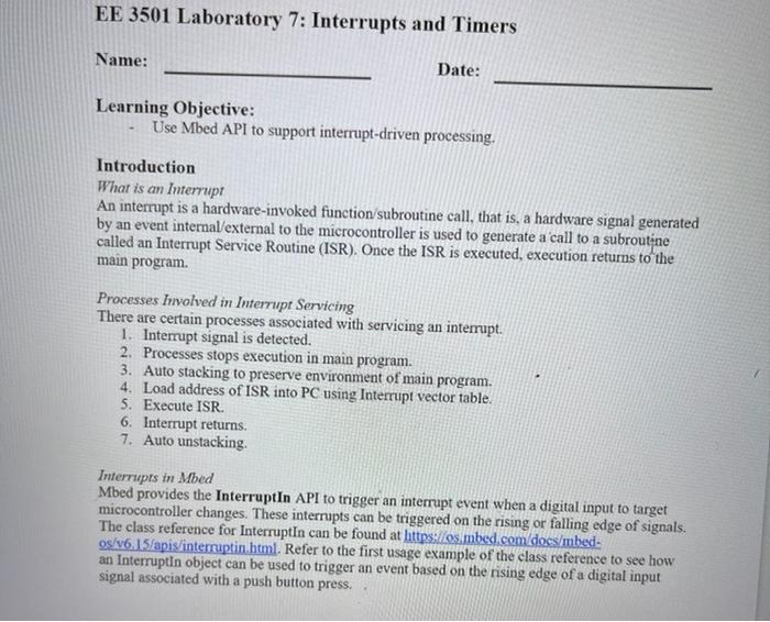 Ee 3501 Laboratory 7 Interrupts And Timers Name Learning Objective Date Use Mbed Api To Support Interrupt Driven Pro 1