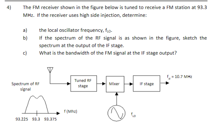 4 The Fm Receiver Shown In The Figure Below Is Tuned To Receive A Fm Station At 93 3 Mhz If The Receiver Uses High Sid 1