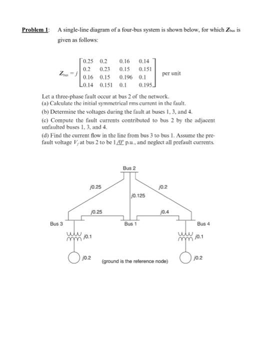 Problem 1 A Single Line Diagram Of A Four Bus System Is Shown Below For Which Zbu Is Given As Follows Zu J 0 25 0 2 0 1