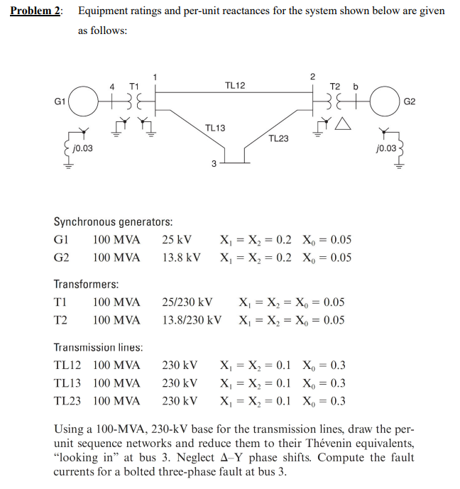 Problem 2 Equipment Ratings And Per Unit Reactances For The System Shown Below Are Given As Follows G1 G1 G2 J0 03 4 T 1