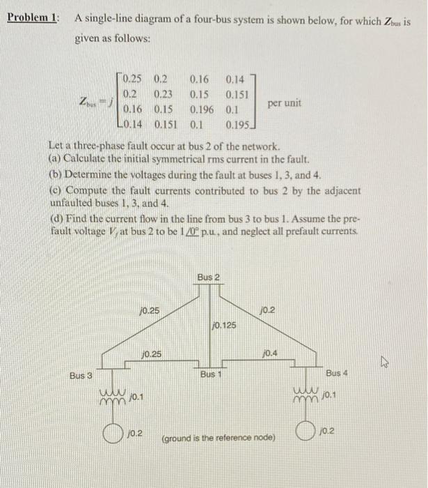 Problem 1 A Single Line Diagram Of A Four Bus System Is Shown Below For Which Zbus Is Given As Follows Z J 0 25 0 2 0 1