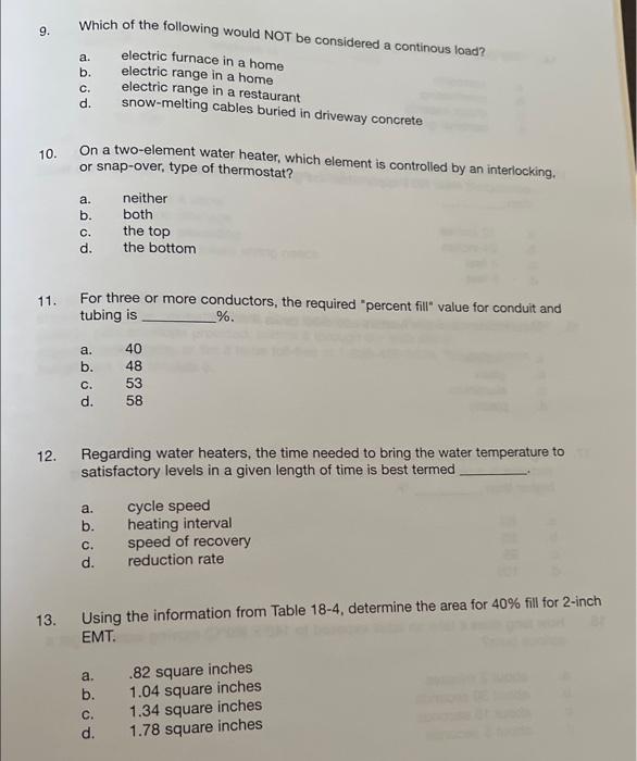 9 10 Which Of The Following Would Not Be Considered A Continous Load Electric Furnace In A Home Electric Range In A H 1