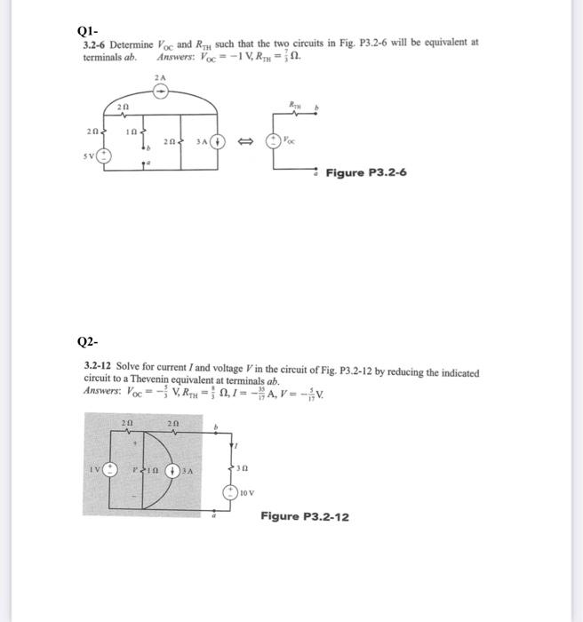 Q1 3 2 6 Determine Voc And Rh Such That The Two Circuits In Fig P3 2 6 Will Be Equivalent At Terminals Ab Rh Answers 1