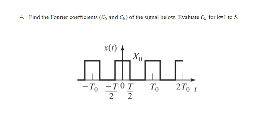 4 Find The Fourier Coefficients Co And C Of The Signal Below Evaluate C For K 1 To 5 X T Xo N To Tot To 2 2 Ta 2 1