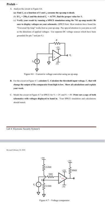 Prelab A Analyze The Circuit In Figure 4 6 A Find V As A Function Of R And 1 Assume The Op Amp Is Ideal B If 1
