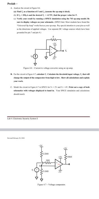 Prelab A Analyze The Circuit In Figure 4 6 A Find V As A Function Of R And 1 Assume The Op Amp Is Ideal B If 2