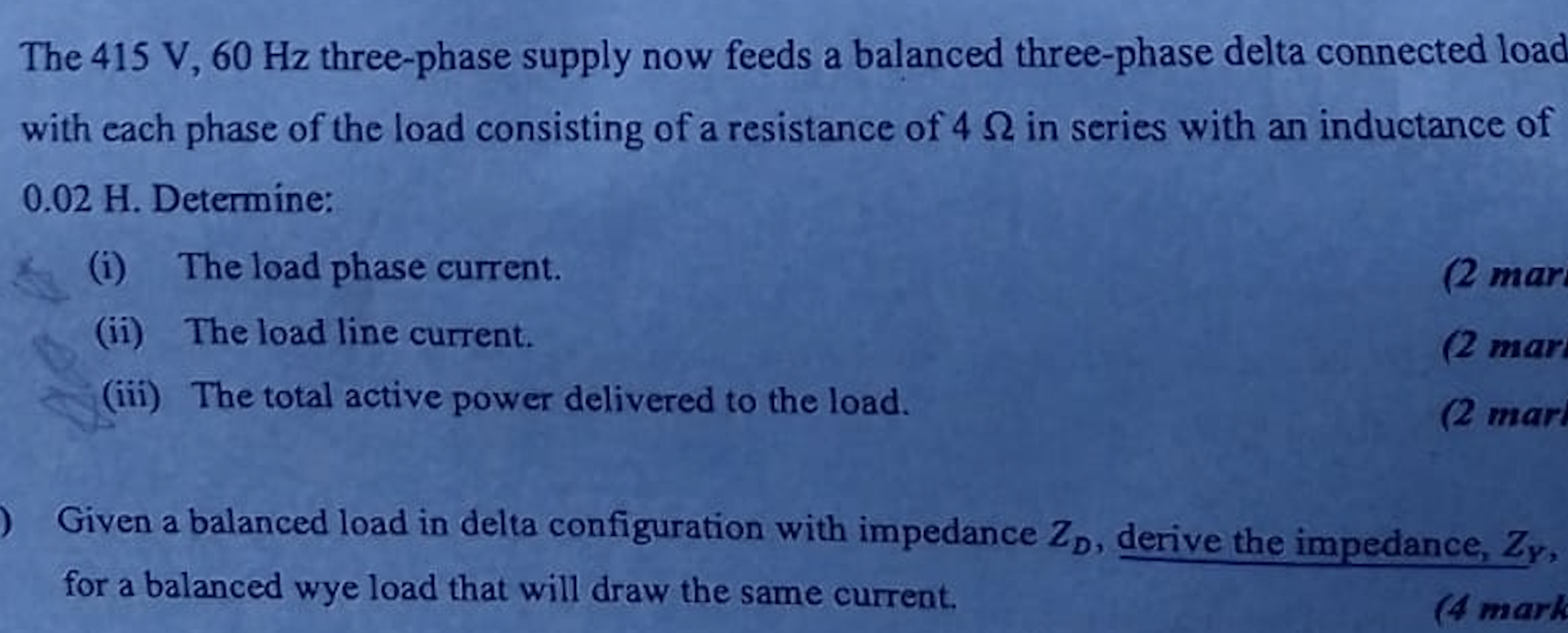 The 415 V 60 Hz Three Phase Supply Now Feeds A Balanced Three Phase Delta Connected Load With Each Phase Of The Load Co 1