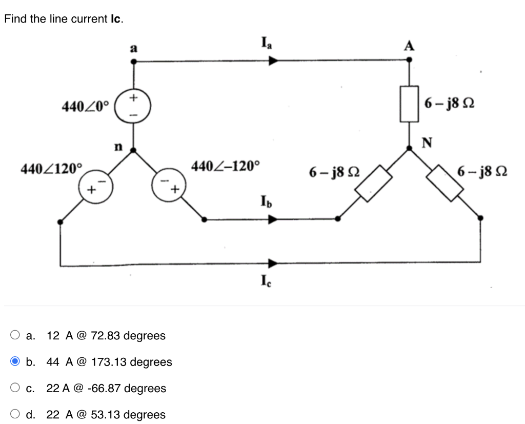 Find The Line Current Lc 440 120 440 0 A Ob N A 12 A 72 83 Degrees 44 A 173 13 Degrees C 22 A 66 87 Degre 1