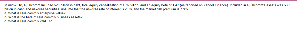 In Mid 2018 Qualcomm Inc Had 20 Billion In Debt Total Equity Capitalization Of 76 Billion And An Equity Beta Of 1 1
