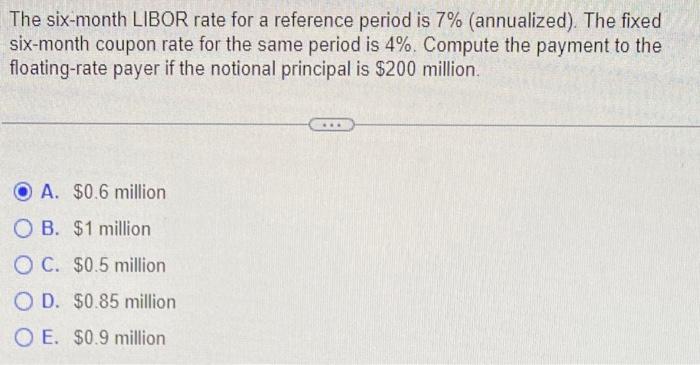 The Six Month Libor Rate For A Reference Period Is 7 Annualized The Fixed Six Month Coupon Rate For The Same Period 1