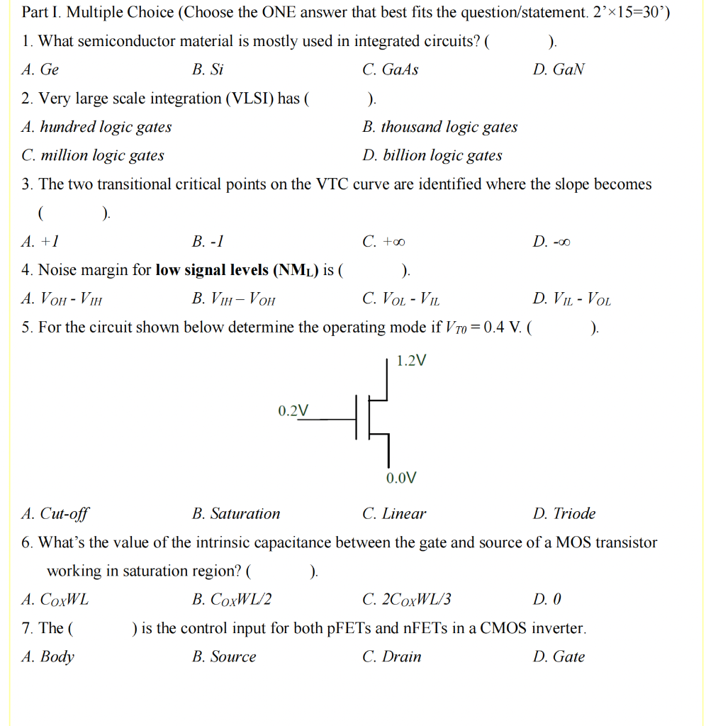 Part I Multiple Choice Choose The One Answer That Best Fits The Question Statement 2 15 30 1 What Semiconductor M 1