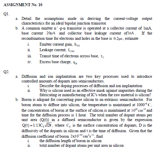 Assignment No 10 Q1 A Detail The Assumptions Made In Deriving The Current Voltage Output Characteristics For An Ideal 1