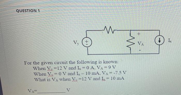 Question 1 Va V For The Given Circuit The Following Is Known When V 12 V And Ix 0 A Va 9 V When V 0 V And Ix 1