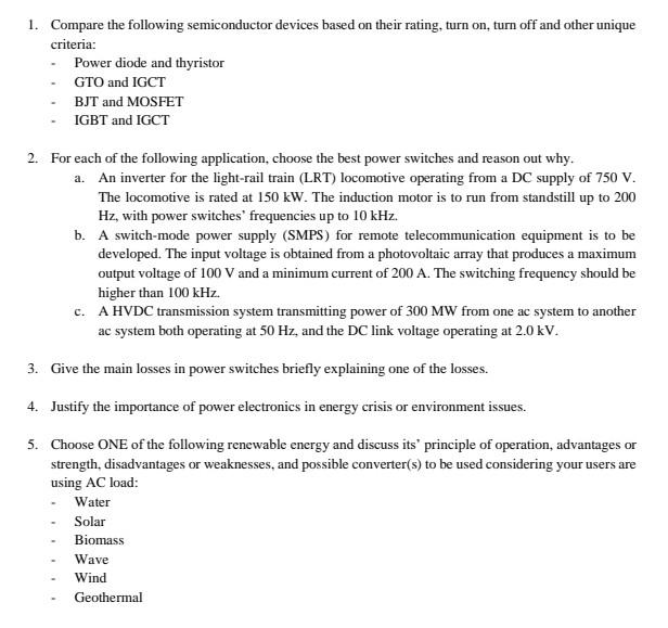 1 Compare The Following Semiconductor Devices Based On Their Rating Turn On Turn Off And Other Unique Criteria 2 Fo 1