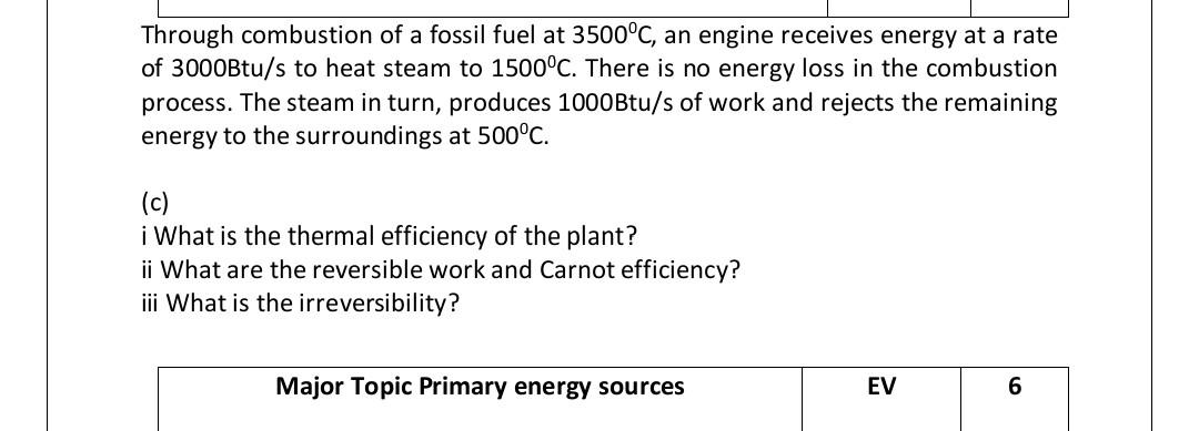 Through Combustion Of A Fossil Fuel At 3500 C An Engine Receives Energy At A Rate Of 3000btu S To Heat Steam To 1500 C 1