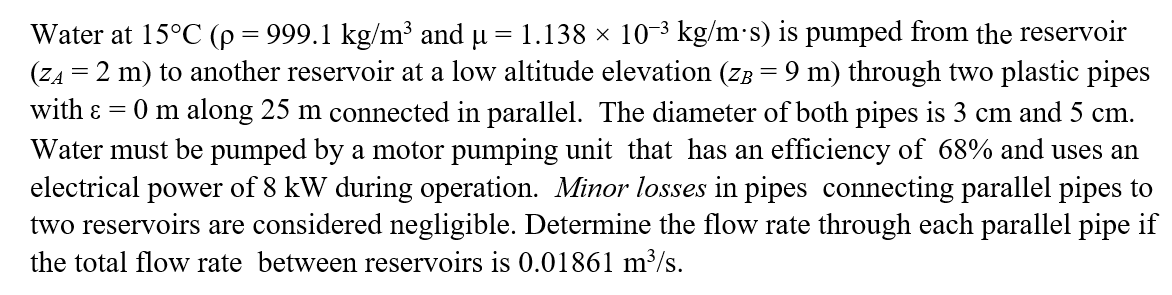 Water At 15 C P 999 1 Kg M And U 1 138 10 Kg M S Is Pumped From The Reservoir Za 2 M To Another Reservoir 1