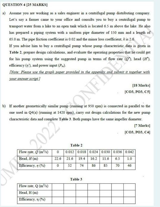 Question 4 25 Marks A Assume You Are Working As A Sales Engineer In A Centrifugal Pump Distributing Company Let S Sa 1