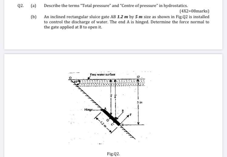 Q2 A B Describe The Terms Total Pressure And Centre Of Pressure In Hydrostatics 4x2 08marks An Inclined Rect 1